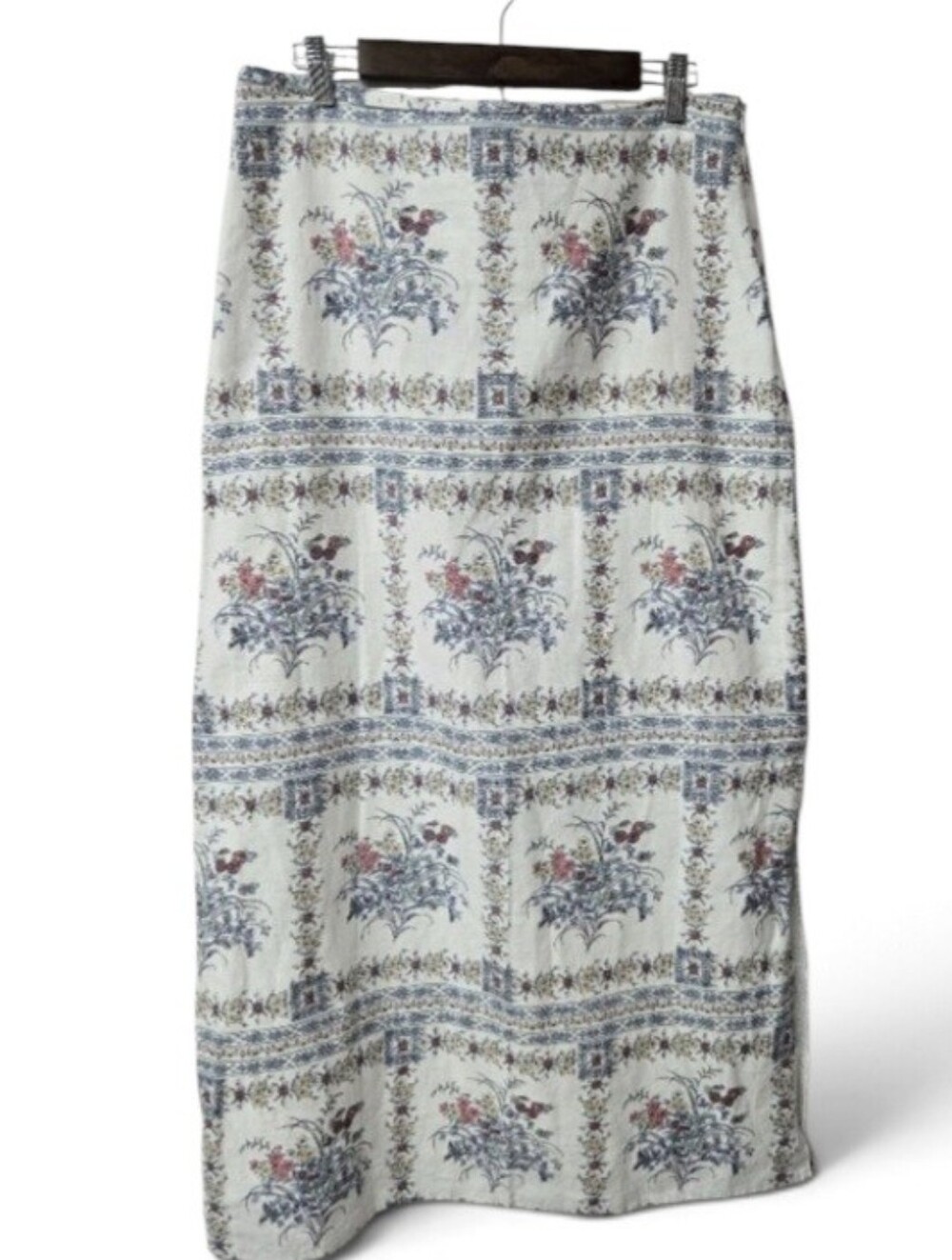 CeCe Floral A Line Linen Blend Maxi Skirt Egret Ivory Tile Print Cottagecore